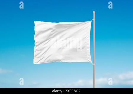 White flag on a metal pole. Suitable for mockup, branding logos, and placement of advertising or national flags. Clean design for versatile applicatio Stock Photo