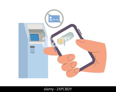 Card less transaction withdraw money from ATM automatic teller machine using smart phone without card Stock Vector