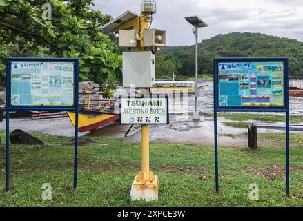 Cavite, Philippines. Aug 04,2024: Safety information, loudspeakers siren alerting equipment to evacuate boat harbor, information on population gathering places and recommendations in the event of a tsunami on fortified island of Corregidor, at the entrance to Manila Bay. This week, The US Secretaries of State & Defense visited the archipelago this week to announce $500 million in military aid for the country aimed at boosting its external defense capacity, modernize the Philippine armed forces & coast guard, at a time of growing friction in South China Sea. Credit: Kevin Izorce/Alamy Live News Stock Photo