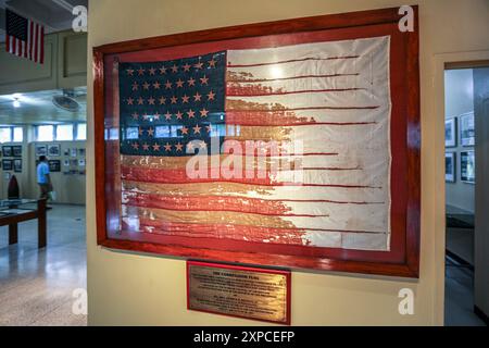 Manila Bay, Philippines. Aug 04,2024: The Corregidor Flag is a major symbol of Philippine-U.S. history as first American flag hoisted over the PH island in 1898-1899, starting the colonial era until independence in 1946. The US Secretaries of State & Defense visited the archipelago to announce $500 million in military aid aimed at boosting PH external defense capacity, modernize the Philippine armed forces & coast guard, at a time of growing friction in South China Sea. They underscored their Mutual Defense Treaty based on historical alliance & friendship. Credit: Kevin Izorce/Alamy Live News Stock Photo