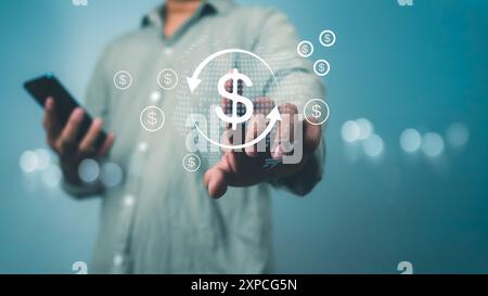 Man holding smartphone with virtual world map and up and down arrows, Global business and Global currency exchange concept, money, finance, Exchange b Stock Photo