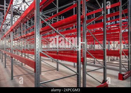 logistics warehouse concept with empty high pallet racks, shelving ...
