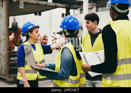 Business industry, Team working at robot construction factory for innovation technology project. Artificial intelligence AI concept Stock Photo