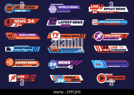 Broadcasting TV banners. Mass media templates. Television headers design. Screen labels. Breaking news titles. Sport frames and bars. Video streaming Stock Vector