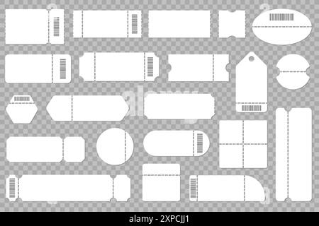 Blank ticket templates. Empty lottery coupons with perforation and barcode. Cinema or theater entry paper. Concert control label. Boarding and event Stock Vector