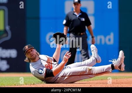 CLEVELAND, OH - AUGUST 04: Baltimore Orioles pitcher Corbin Burnes (39) watches after throwing the ball away and allowing a run to score in the third inning during an MLB game against the Cleveland Guardians on August 04, 2024 at Progressive Field in Cleveland, Ohio. (Photo by Joe Robbins/Image of Sport) Stock Photo