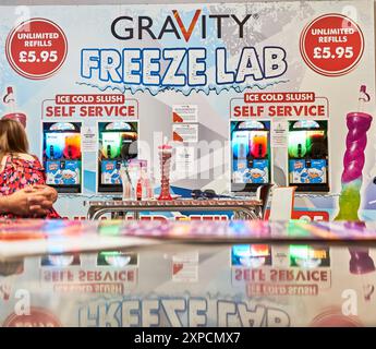 Ice cold slush at the Freeze lab refreshment in Gravity trampoline adventure park, Corby, England. Stock Photo