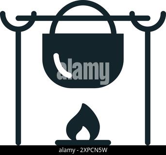 Cooking pot hanging over campfire icon representing outdoor camping Stock Vector