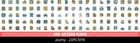 100 access icons set. Color line set of access vector icons thin line color flat on white Stock Vector