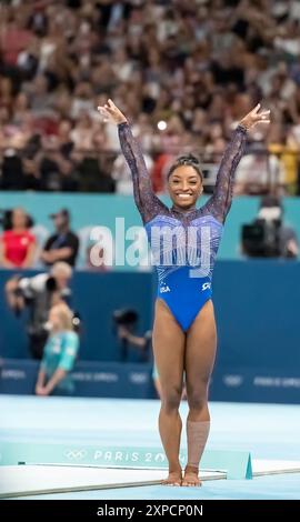 Paris, Ile de France, France. 1st Aug, 2024. SIMONE BILES (USA) of the United States, competes in the Women's All-Around Finals at the Bercy Arena during the 2024 Paris Summer Olympics in Paris, France. (Credit Image: © Walter Arce/ZUMA Press Wire) EDITORIAL USAGE ONLY! Not for Commercial USAGE! Stock Photo