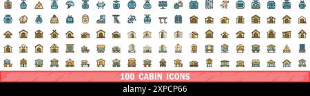 100 cabin icons set. Color line set of cabin vector icons thin line color flat on white Stock Vector