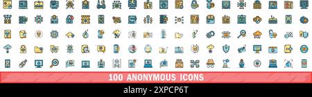 100 anonymous icons set. Color line set of anonymous vector icons thin line color flat on white Stock Vector