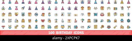 100 birthday icons set. Color line set of birthday vector icons thin line color flat on white Stock Vector