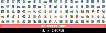 100 access icons set. Color line set of access vector icons thin line color flat on white Stock Vector