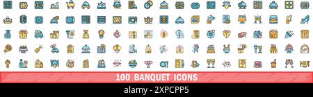 100 banquet icons set. Color line set of banquet vector icons thin line color flat on white Stock Vector
