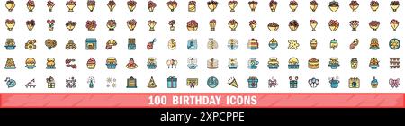 100 birthday icons set. Color line set of birthday vector icons thin line color flat on white Stock Vector