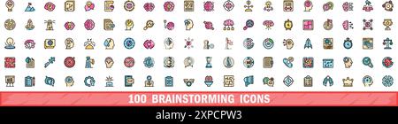 100 brainstorming icons set. Color line set of brainstorming vector icons thin line color flat on white Stock Vector