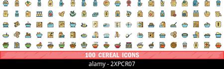 100 cereal icons set. Color line set of cereal vector icons thin line color flat on white Stock Vector