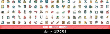 100 blood icons set. Color line set of blood vector icons thin line color flat on white Stock Vector