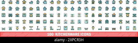 100 kitchenware icons set. Color line set of kitchenware vector icons thin line color flat on white Stock Vector