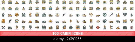 100 cabin icons set. Color line set of cabin vector icons thin line color flat on white Stock Vector