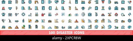 100 disaster icons set. Color line set of disaster vector icons thin line color flat on white Stock Vector