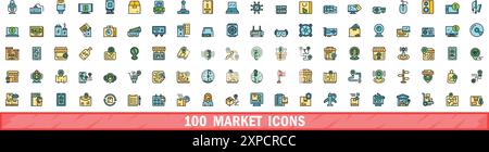 100 market icons set. Color line set of market vector icons thin line color flat on white Stock Vector