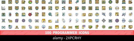 100 programmer icons set. Color line set of programmer vector icons thin line color flat on white Stock Vector