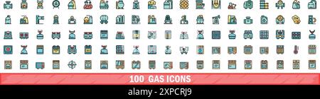 100 gas icons set. Color line set of gas vector icons thin line color flat on white Stock Vector