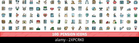 100 pension icons set. Color line set of pension vector icons thin line color flat on white Stock Vector