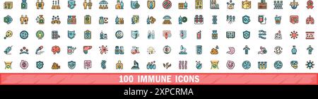 100 immune icons set. Color line set of immune vector icons thin line color flat on white Stock Vector
