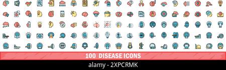 100 disease icons set. Color line set of disease vector icons thin line color flat on white Stock Vector