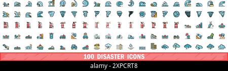 100 disaster icons set. Color line set of disaster vector icons thin line color flat on white Stock Vector