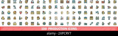 100 production icons set. Color line set of production vector icons thin line color flat on white Stock Vector
