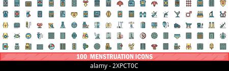 100 menstruation icons set. Color line set of menstruation vector icons thin line color flat on white Stock Vector