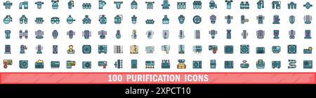 100 purification icons set. Color line set of purification vector icons thin line color flat on white Stock Vector