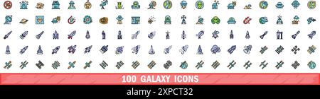 100 galaxy icons set. Color line set of galaxy vector icons thin line color flat on white Stock Vector
