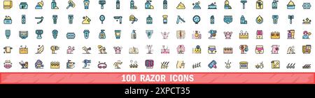 100 razor icons set. Color line set of razor vector icons thin line color flat on white Stock Vector