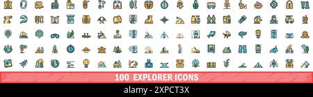 100 explorer icons set. Color line set of explorer vector icons thin line color flat on white Stock Vector