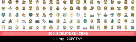 100 sculpture icons set. Color line set of sculpture vector icons thin line color flat on white Stock Vector