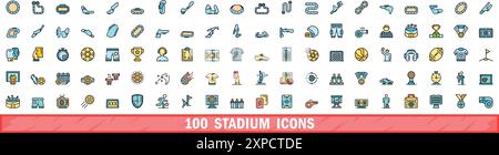 100 stadium icons set. Color line set of stadium vector icons thin line color flat on white Stock Vector
