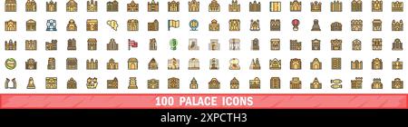 100 palace icons set. Color line set of palace vector icons thin line color flat on white Stock Vector