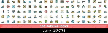 100 parking icons set. Color line set of parking vector icons thin line color flat on white Stock Vector