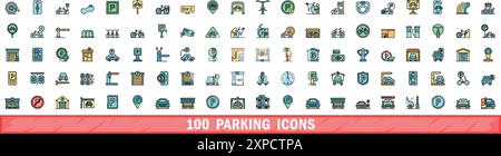 100 parking icons set. Color line set of parking vector icons thin line color flat on white Stock Vector