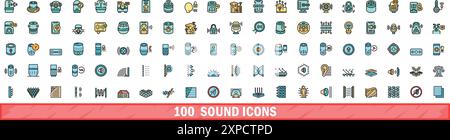 100 sound icons set. Color line set of sound vector icons thin line color flat on white Stock Vector