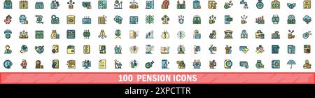 100 pension icons set. Color line set of pension vector icons thin line color flat on white Stock Vector
