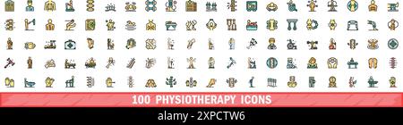 100 physiotherapy icons set. Color line set of physiotherapy vector icons thin line color flat on white Stock Vector