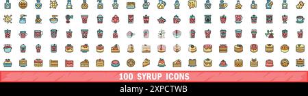 100 syrup icons set. Color line set of syrup vector icons thin line color flat on white Stock Vector