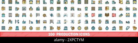 100 production icons set. Color line set of production vector icons thin line color flat on white Stock Vector