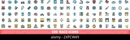 100 race icons set. Color line set of race vector icons thin line color flat on white Stock Vector